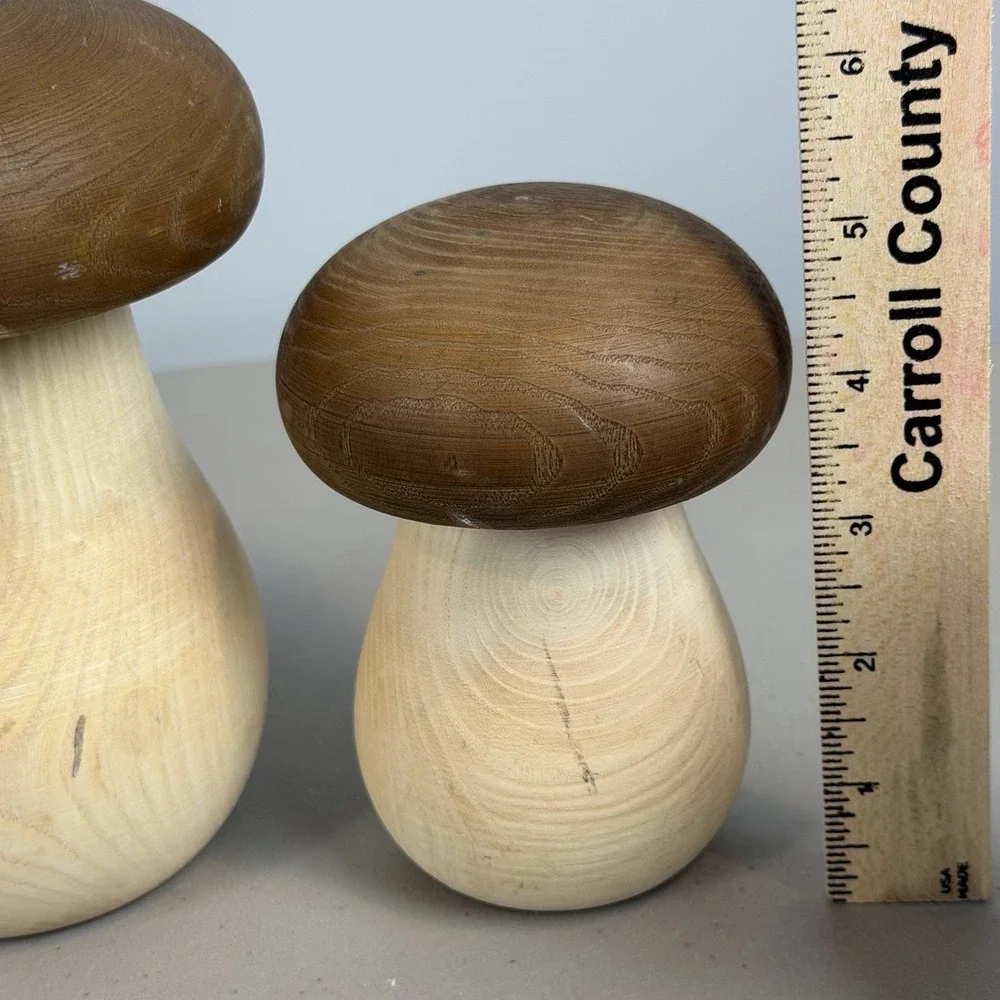 2 Mushroom Shape Wood Containers with Removable Mushroom Cap Lids Decor